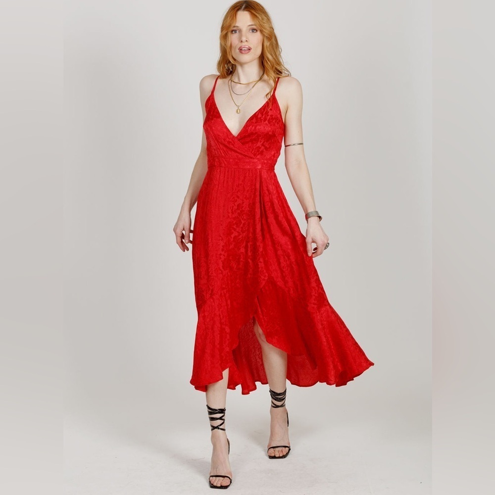 Band of the free Anina Ruby Red Wrap Midi dress Ruffle floral size XS NWT